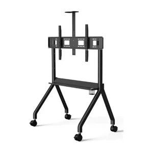 Mobile TV stand with wheels and adjustable height for mounting televisions.