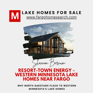Modern lakeside cabin with timber architecture beside water in Western Minnesota. Branded real estate graphic for lake homes near Fargo.