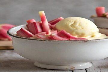 Homemade-Rhubarb-And-Custard-Ice-Cream-Recipe-featured-image-632x1950-bowl-of-rhubarb-and-custard-ice-cream-with-fresh-rhubarb-and-glass-of-custard-in-background-frosted-fusions