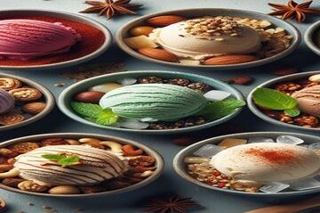Unique-Homemade-Ice-Cream-Recipes-featured-image-632x1950w-selection-of-ice-creams-with-a-variety-of-nuts-and-spices-scattered-around-fusions