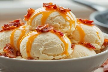 A-Savoury-Sweet-Bacon-and-Maple-Syrup-Ice-Cream-featured-image-Bowl of Vanilla Ice cream drizzled with Maple Syrup and pieces of Bacon with maple syrup and frying pan in background Frosted Fusions