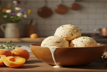 Homemade-Apricot-and-Thyme-Ice-Cream-Recipe-updated-Nov25-featured-image-bowl-of-apricot-ice-cream-with-fresh-apricots-and-thyme-kitchen-background-Frosted-Fusions