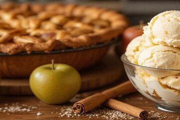 Spiced-Apple-Homemade-Ice-Cream-A-Twist-on-a-Classic-Pie-Favourite-featured-image bowl of ice cream with latticed apple-pie-fresh-apples-and-cinnamon-sticks-frosted-fusions