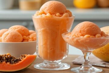 Homemade-Tropical-Papaya-Ice-Cream-Sorbet-Froyo-Recipes-To-Beat-The-Winter-Blues-featured-image-glass-with-papaya-froyo-dish-with-papaya-ice-cream-frosted-fusions