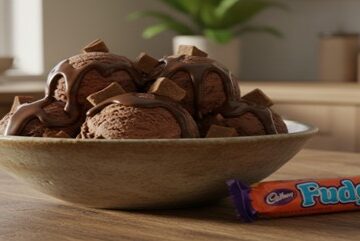 Classic-Fudge-Meets-Chocolate-Fudge-Ice-Cream-featured-image-bowl-of-chocolate-fudge-ice-cream-with pieces of fudge -and-chocolate fudge-sauce-drizzled-with cadburys fudge bar Frosted-Fusions