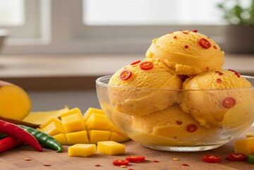 Homemade-Mango-Chilli-Sorbet-Naturally-Vegan-Dairy-Free-featured-image-a-bowl-of-mango-sorbet-with-fresh-mango-and-fresh-red-chillis-to-the-side-Frosted-Fusions