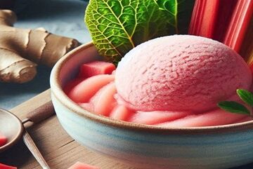 Rhubarb-Ginger-Sorbet-Recipe-–-Light-Spiced-Refreshing-featured image 280x1000w bowl of rhubarb sorbet with fresh root gimger amd rhubarb stalks Frosted-Fusions