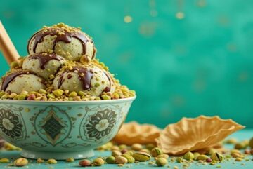 Celebrate Eid With A Viral Dubai-Style Pistachio Chocolate Ice Cream featured image 637x1920w bowl of pistachio and chocolate ice cream with fresh pistachios filo pastry and chocolate to the side Frosted Fusions