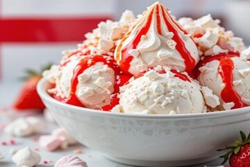 Homemade-Eton-Mess-Inspired-Ice-Cream-To-Celebrate-St-Georges-Day featured image 637x1920w bowl of Eton Mess Ice cream with fresh strawberries and coulis and St Georges Flag in the background Frosted-Fusions