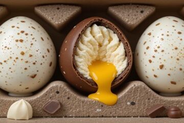 The Easter Ice Cream Egg Illusion A Fun Unexpected Easter Treat Featured Image 637x1920w 5 eggs white and milk choc speckled eggs with one cut open showing vanilla ice cream centre with mango yolk Frosted Fusions