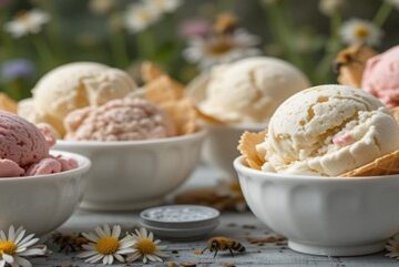 Bee Happy – A Celebration Of Bees, Honey & Ice Cream Featured Image 637x1920w bowls and waffle cones filled with honey with wildflowers and honey bees in background Frosted Fusions