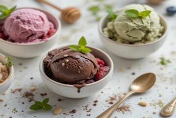 Healthy-And-Super-Easy-Homemade-Ice-Cream-Ideas-Recipes-Featured-Image-637x1920w-selection-of-fresh-bright-ice-creams-in-bowls-with-fresh-ingredients-Frosted-Fusions