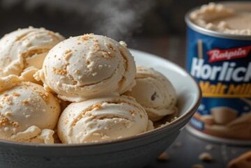 Homemade Malted Milk Ice Cream – Creamy, Crunchy, And Delicious featured image 637x1920w bowl of malted milk ice cream with pot of Horlicks in the background Frosted Fusions