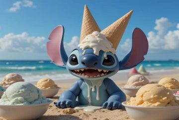 Lilo & Stitch-Inspired Ice Cream Recipes – Aloha From Hawaii To Outer Space Featured Image 637x1920w Stitch on the beach with ice cream on his head Frosted Fusions