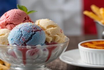 Bastille Day-Inspired Ice Cream Desserts – A Taste Of France featured image637x1920w glass dish with French flag coloured ice cream french fries creme brulee and french flag in the background Frosted Fusions