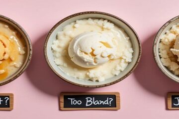 How To Fix Ice Cream That’s Too Sweet (or Not Sweet Enough) Featured Image 637x1920w top view of three bowls of ice cream with too sweet too bland and just right captions Frosted Fusions