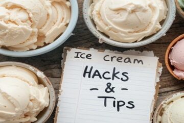 Ninja Creami Hacks & Tips - How To Get The Best Results Every Time Featured image 637x1920w top viw of bowls of ice cream and waffle cones with notepad saying Ice Cream Hacks & Tips Frosted Fusions