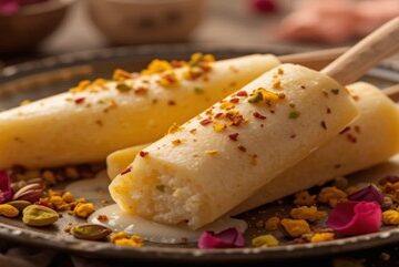 Rich-Creamy-Delicious-Homemade-Kulfi-Ice-Cream-A-Taste-Of-India-featured-image-637x1920w-Kulfi-ice-cream-conical-shaped-with-chopped-pistachios-and-rose-petals-on-plate-Frosted-Fusions