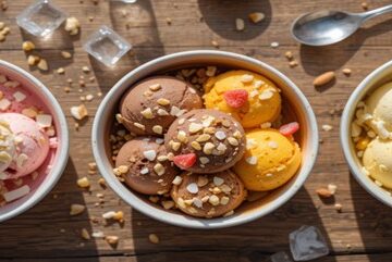 The Best Dairy-Free Ice Cream Recipes For Hot Summer Days Featured image 637x1920w top view three bowls of delicious ice cream scoops with sprinkles and spoons Frosted Fusions