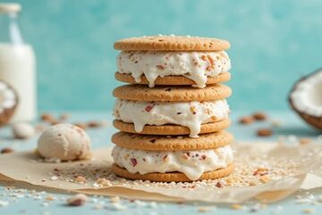 Dairy-Free-Ice-Cream-Sandwiches-–-Cool-Creamy-Completely-Inclusive-featured-image-637x1920w-stack-of-ice-cream-sandwiches-with-coconut-and-almond-milk-and-fresh-almonds-and-coconuts-Frosted-Fusions