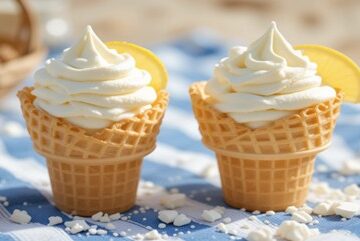 Lemon Meringue Ice Cream Zesty Creamy Completely Irresistible Featured image 637x1920w Gingham picnic blanket with two ice cream cones filled with Lemon meringue ice cream with fresh lemons and meringue Frosted Fusions