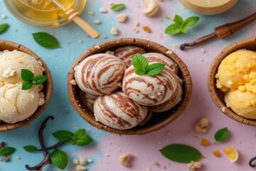 Step-by-Step Guide To Making Creamy Vegan Ice Cream At Home Featured Image top view of 3 bowls of vibrant coloured ice cream with fruits and spices Frosated Fusions