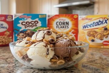 Cereal-ously-Delicious-Ice-Cream-Fusions-Inspired-By-Your-Favourite-Breakfasts-Featured-image-cereal-boxes with bowl of ice cream topped with cereal Frosted Fusions