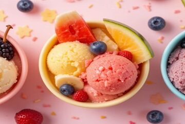 How-to-Make-Dairy-Free-Frozen-Treats-For-Toddlers-Featured-Image-top-view-of-3-bowls-of-toddler-friendly-ice-cream-with-fresh-fruits-scattered-Frosted-Fusions