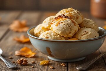 5-Delicious-Autumn-Inspired-Ice-Cream-Recipes-That-Taste-Like-A-Hug-Image-6-Bowl-of-autumn-inspired-ice-cream-scoops-on-rustic-table-with-fall-leaves-Frosted-Fusions