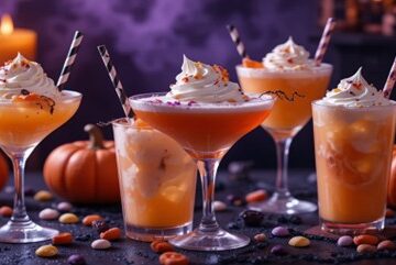 Halloween Ice Cream Cocktails & Mocktails Eerie Sips Tricks and Treats Featured Spooky orange ice cream cocktails topped with whipped cream pumpkins and candy decorations Frosted Fusions