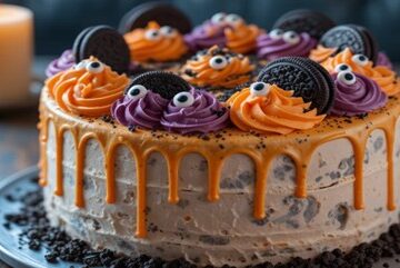 Scarily Easy Halloween Ice Cream Cakes Featured Image Full Halloween ice cream cake with orange and purple buttercream drips topped with Oreos and candy eyes pumpkins Frosted Fusions