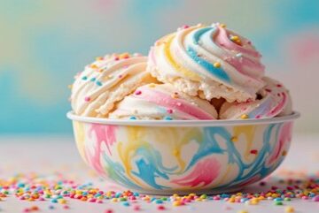 Rainbow-Ripple-Funfetti-Ice-Cream-Featured Image-Marbled-rainbow-ice-cream-scoops-in-colourful-bowl-with-sprinkles-Frosted-Fusions