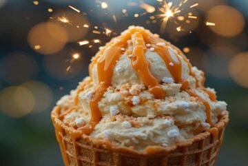 Toffee Sparkle Ice Cream – Bonfire Night’s Edible Fireworks Featured image waffle cone ice cream with caramel drizzle and sparklers crackling edible fireworks effect Frosted Fusions
