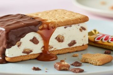 Twix Ice Cream Sandwich A Frozen Twist On A Classic Chocolate Bar Featured Image Twix ice cream sandwich with layered biscuit base oozing caramel and chocolate top Frosted Fusions