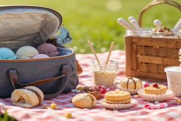 Picnic Perfect Ice Cream Treats image 1 picnic setup with insulated cool bag filled with colourful ice cream scoops surrounded by sweet treats and toppings on blanket Frosted Fusions