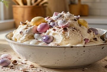 Vegan-Mini-Egg-Ice-Cream-Featured-Image-creamy-dairy-free-ice-cream-scoops-in-ceramic-bowl-topped-with-pastel-chocolate-eggs-homemade-dessert-Frosted-Fusions