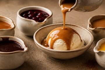 10 Best Ice Cream Sauces Coulis and Ripples Featured Image homemade ice cream bowls topped with chocolate sauce berry coulis caramel drizzle and pistachio ripple Frosted Fusions
