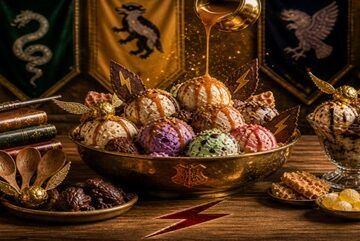 Harry Potter Ice Cream Recipes image 1 magical wizarding world ice cream display with caramel drizzle golden snitch chocolate frogs and house banners Frosted Fusions