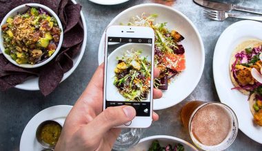 Top down view of a person taking a photo of their meal with a smartphone