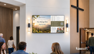 digital signage for churches welcome screen in church lobby displaying service schedule