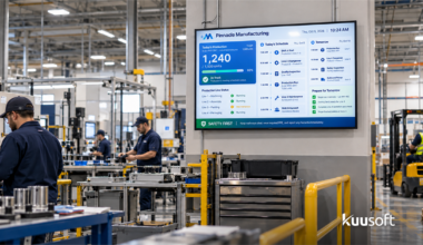 Manufacturing floor using digital signage to display real-time production KPIs and safety updates
