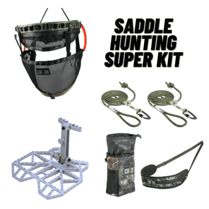 CRUZR Archon, Black, (2 Panel) Deer Hunting Saddle Super Kit, includes saddle, backband, saddle bag, tether with Prusik and locking carabiner, lineman's rope with Prusik and locking carabiner, and Seeker platform