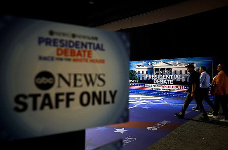 Philadelphia's Constitution Center Prepares To Host Presidential Debate Between Trump And VP HarrisPHILADELPHIA, PENNSYLVANIA - SEPTEMBER 09: Final preparations are made in the spin room prior to the ABC News Presidential Debate on September 09, 2024 at the Convention Center in Philadelphia, Pennsylvania. Democratic presidential nominee, U.S. Vice President Kamala Harris and Republican presidential nominee former President Donald Trump will face off in their first debate tomorrow evening at the Constitution Center. (Photo by Kevin Dietsch/Getty Images)