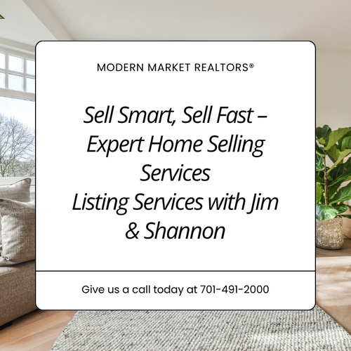 Promotional graphic with the text “Sell Smart, Sell Fast – Expert Home Selling Services. Listing Services with Jim & Shannon” over a modern living room background.