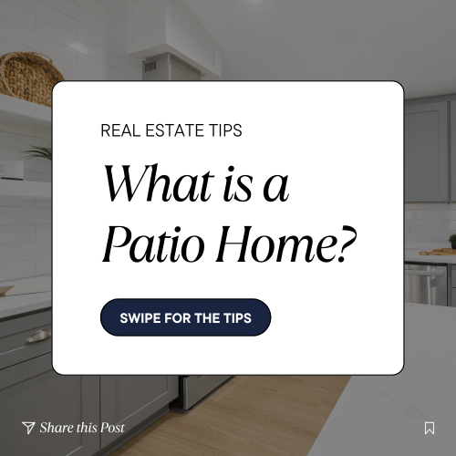 Modern kitchen background with overlay text asking, "What is a Patio Home?" — real estate tips post.