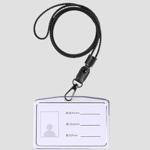 QrMono NFC Business Cards Leather Lanyards Black Lanyard Horizontal Silver Card