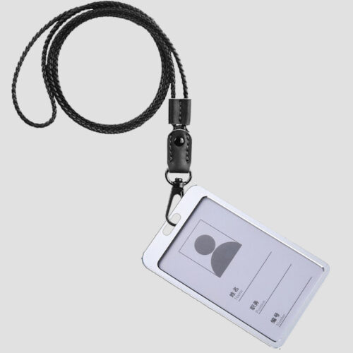 QrMono NFC Business Cards Leather Lanyards Black Lanyard Vertical Silver Card