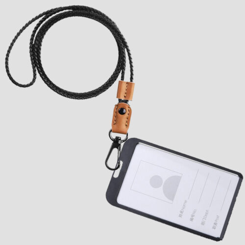 QrMono NFC Business Cards Leather Lanyards Brown Lanyard Vertical Black Card