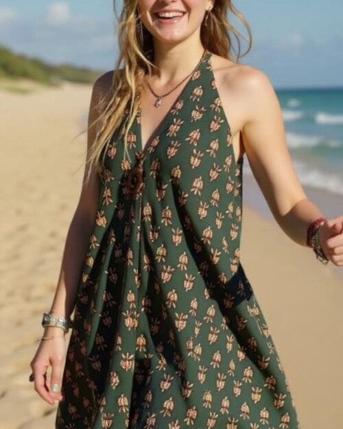 Blockprint Kleid "Natural-Divine" -grün-gelb-