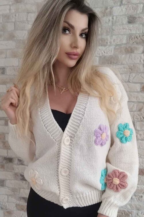 Sweter w kwiaty 3D Flora (ecru)